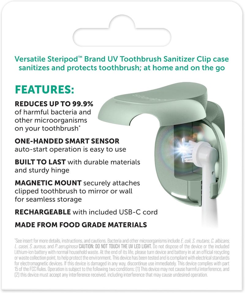Steripod Brand Portable UV Toothbrush Sanitizer Clip, Reduces Harmful Microorganisms, Rechargeable, Sage, 1 Count - Image 2